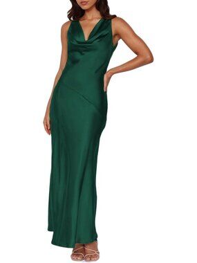 Women's Emerald Cowl Neck Summer Satin Backless Sleeveless Elegant Maxi Dress